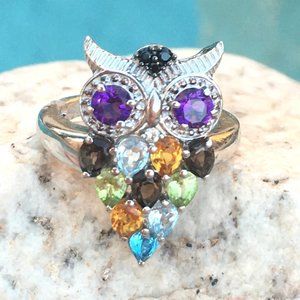 Genuine Gemstone Owl Ring .925 Sterling Silver Multicolor Purple Blue Green Sz 6